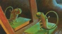 Dessin d'un caméléon devant un miroir