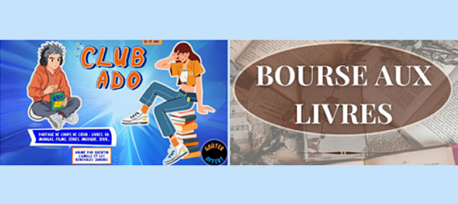 Affiche du club ado et de la bourse aux livres de la médiathèque de Créhange