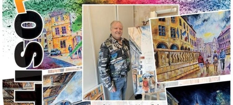 Photo de l'artiste Robert Thomas et des ses toiles